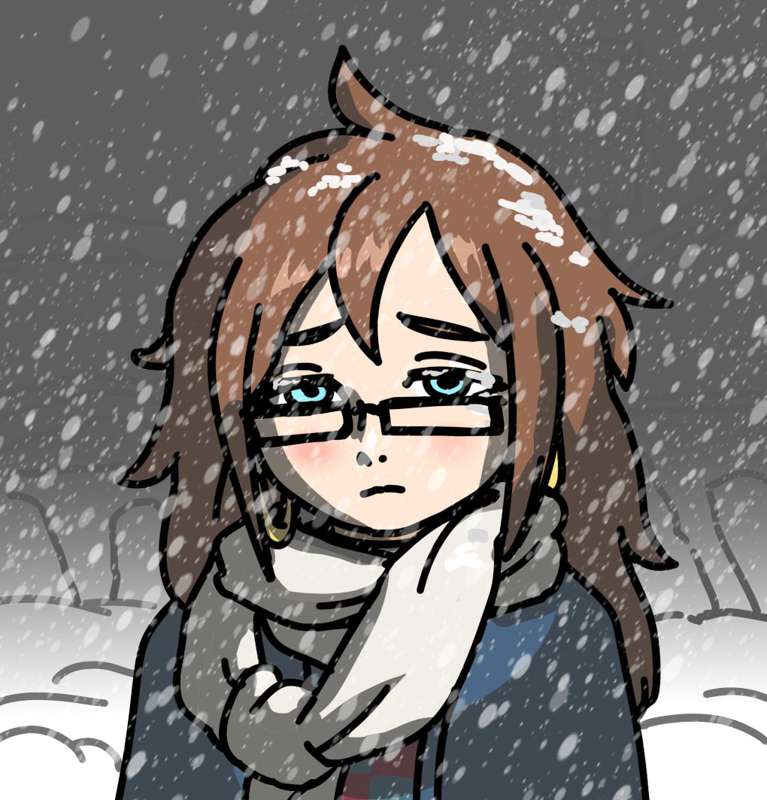 人造人21號在天寒地凍的大雪中，非常冷的樣子