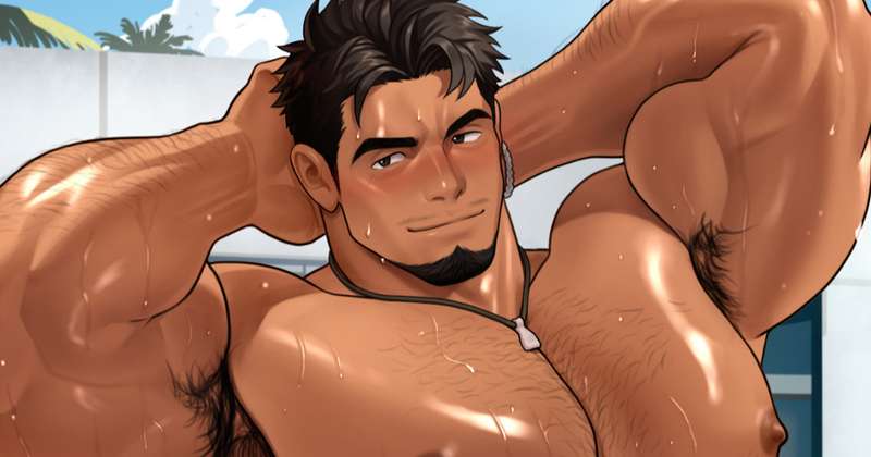【イラスト129】俳優マッチョおっさん、ジムCM撮影中01