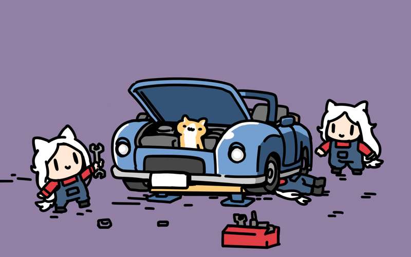 Cerberus from Helltaker wearing overalls and working on a big car together.