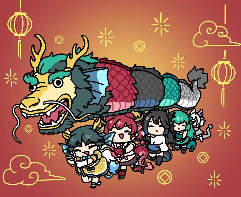 動物朋友3裏面的龍年五龍排成新年的隊形