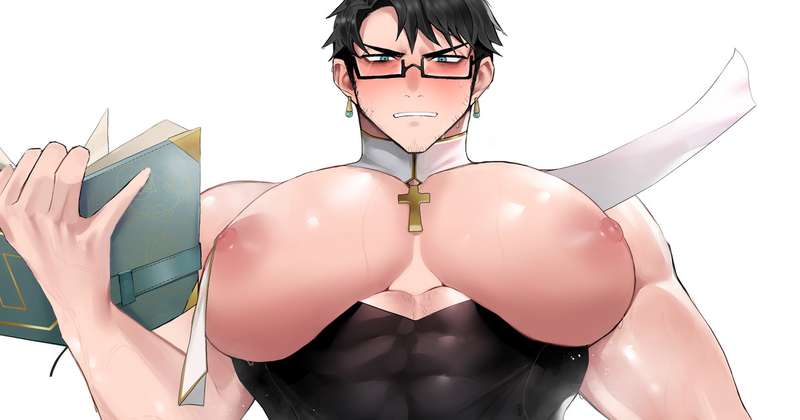 【射精母乳アヘ顔全裸差分】デカパイ巨根真面目司祭様にドスケベエロ装備着せる絵